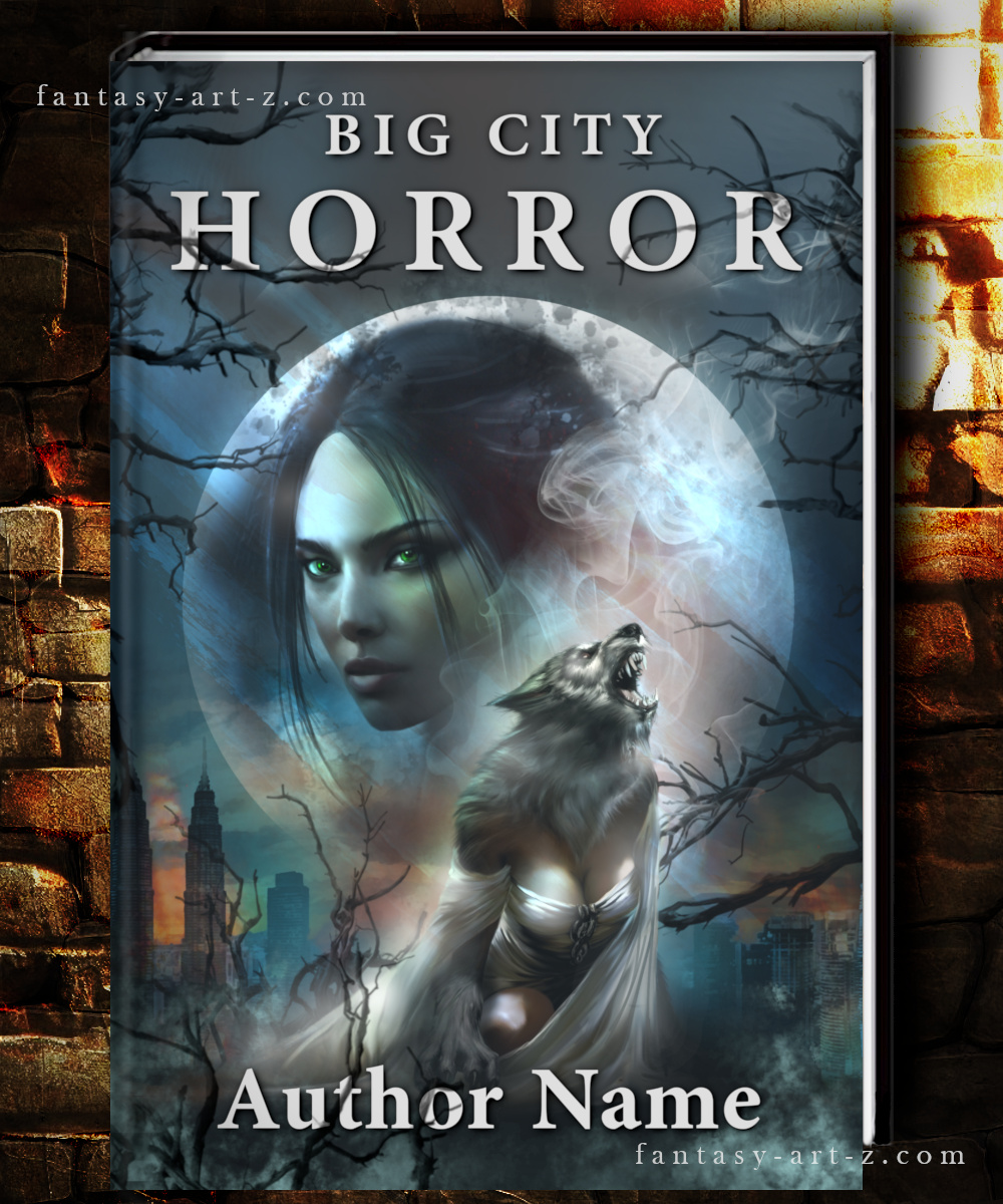 Big City Horror book cover featuring mysterious woman with green eyes, howling werewolf, full moon and urban skyline with bare twisted branches