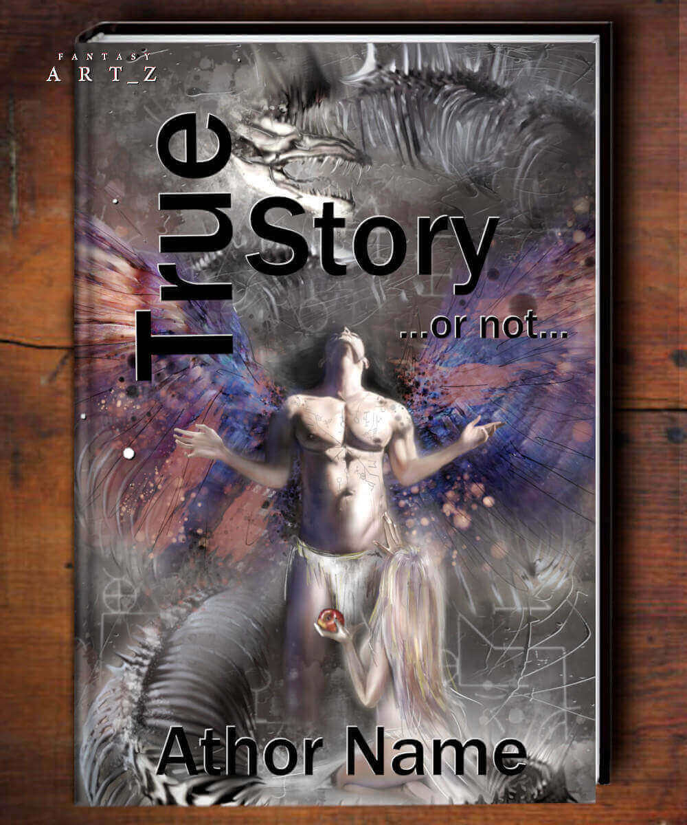 Fantasy book cover featuring shirtless male figure with wings, dragon skeleton, and mystical purple energy effects - premade cover design