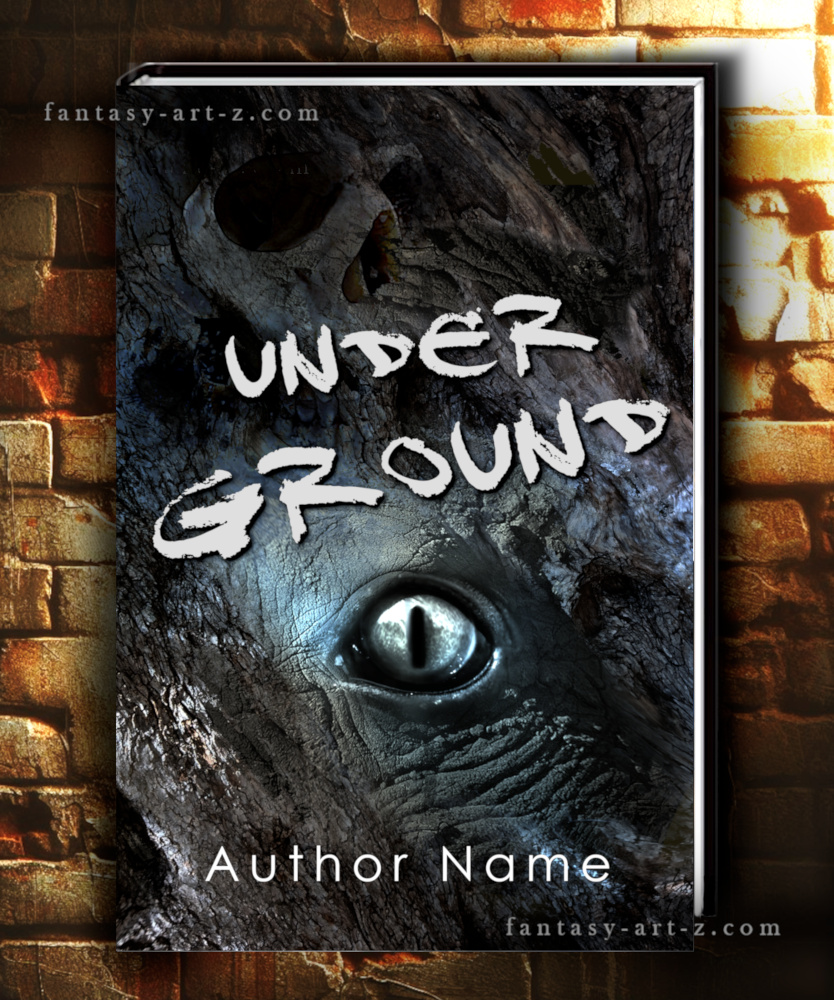 Dark horror premade book cover featuring close-up of reptilian dragon eye and a skull on background