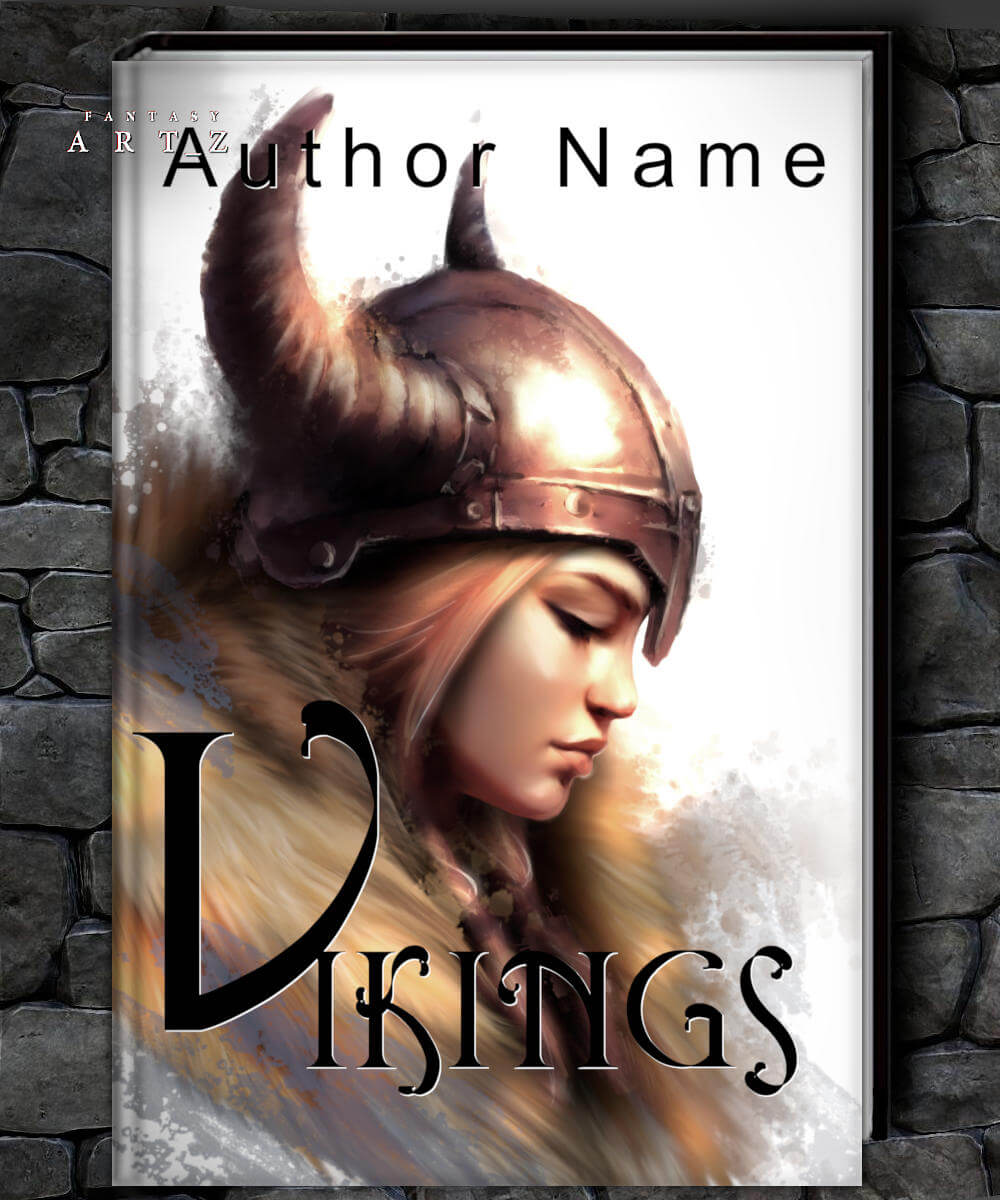 Fantasy book cover featuring elegant female warrior with horned bronze helmet in profile, soft golden lighting and ethereal atmosphere - premade cover design