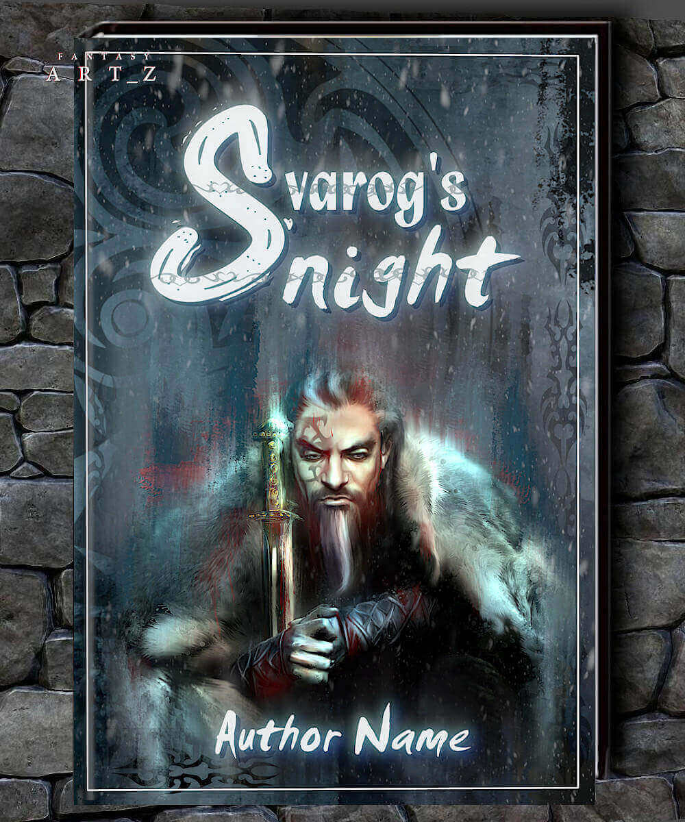 Fantasy book cover 'Svarog's Night' featuring bearded warrior with fur cloak holding ornate sword in dark atmospheric setting - premade design