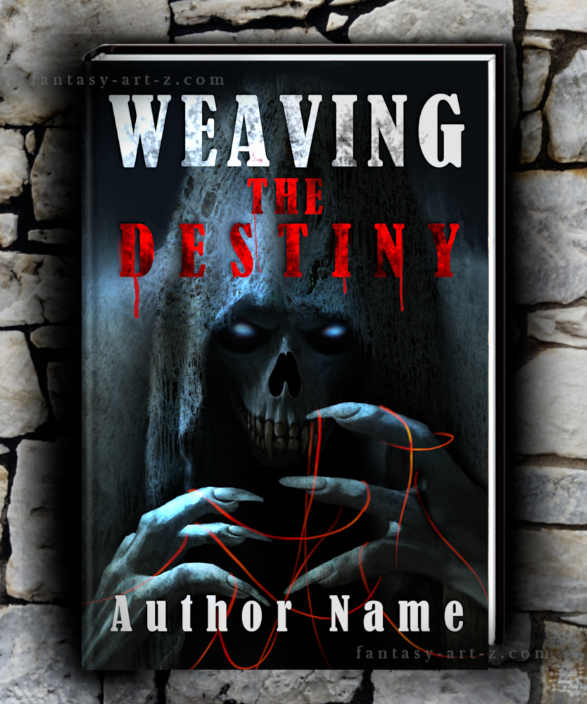 Weaving the Destiny horror book cover featuring menacing skull with glowing blue eyes, ghostly hands, and red blood drips with occult symbols