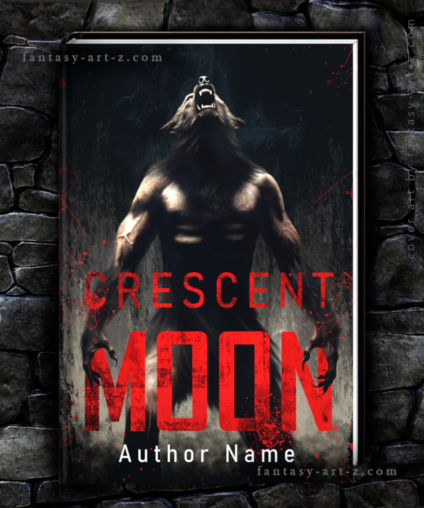 Premade book cover artwork of a powerful, muscular werewolf howling toward the sky. The design features cinematic high-contrast lighting, dark atmospheric smoke, and subtle red blood splatter accents against a dark stone background.