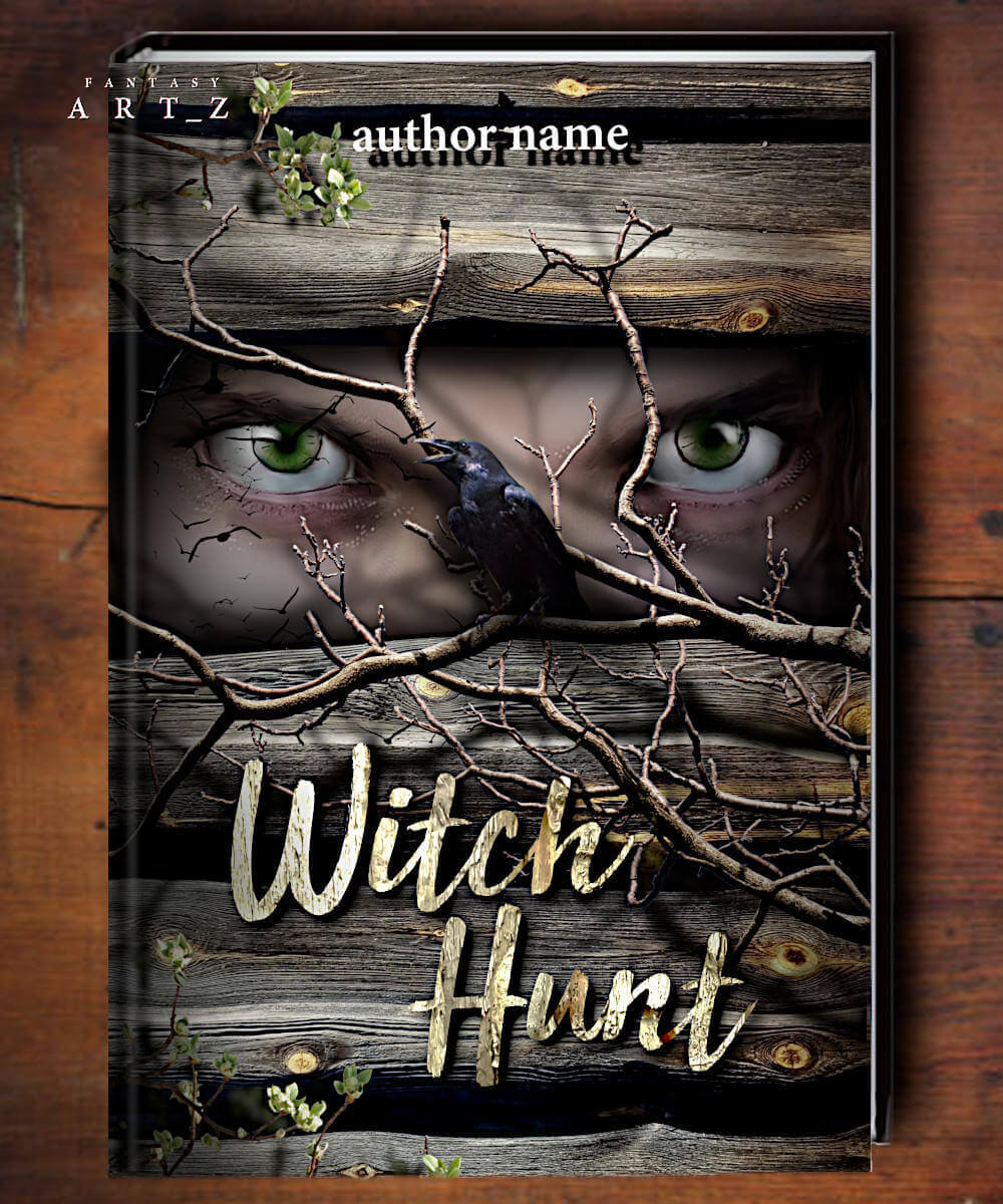 Dark fantasy book cover featuring mysterious green eyes peering through weathered wood planks with bare branches and a black raven