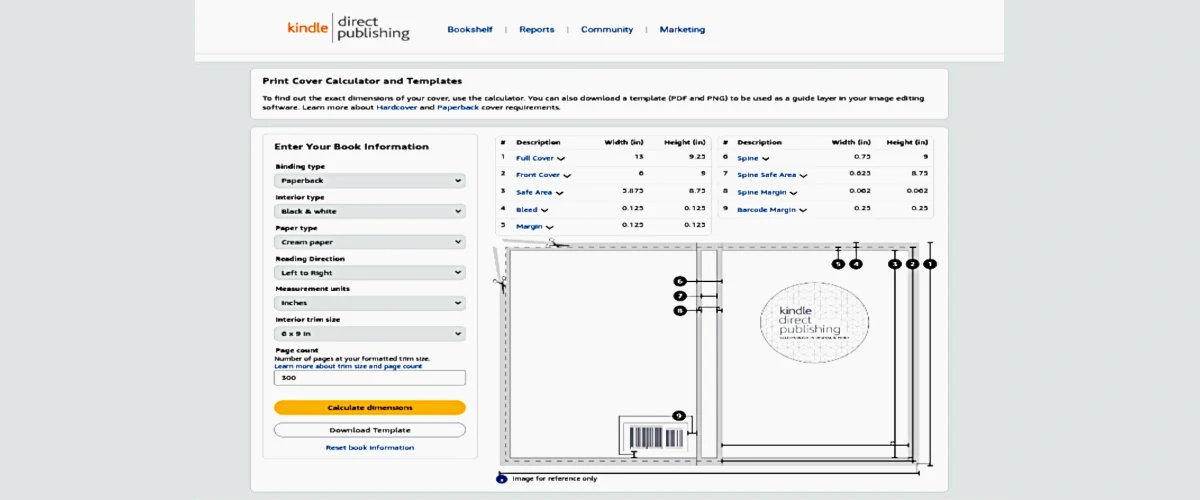 Screenshot of Amazon KDP's Print Cover Calculator showing book specification form and cover template diagram with dimensions