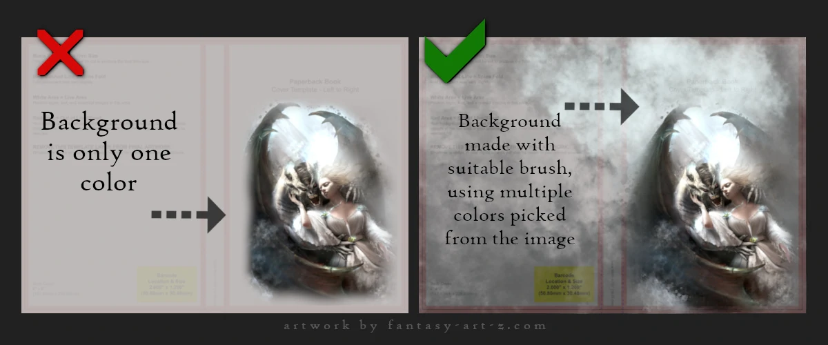 Comparison showing flat single-color background marked with red X versus textured background using multiple colors sampled from the artwork marked with green checkmark