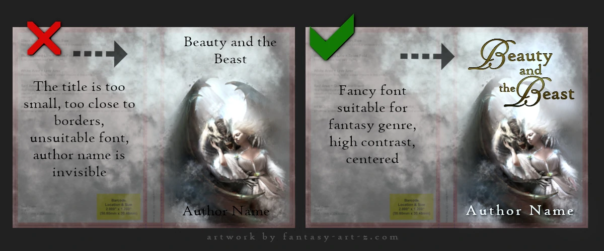 Comparison of book cover typography showing poor design with small, plain font marked with red X versus good design with decorative fantasy-style font with high contrast marked with green checkmark