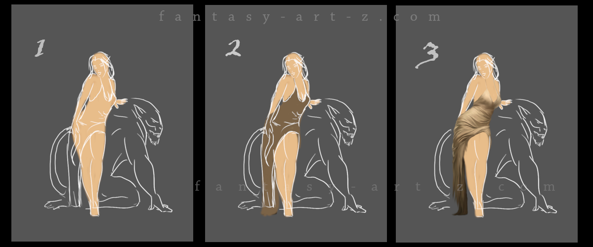 First steps of fantasy art painting showing color blocking technique over line art sketch