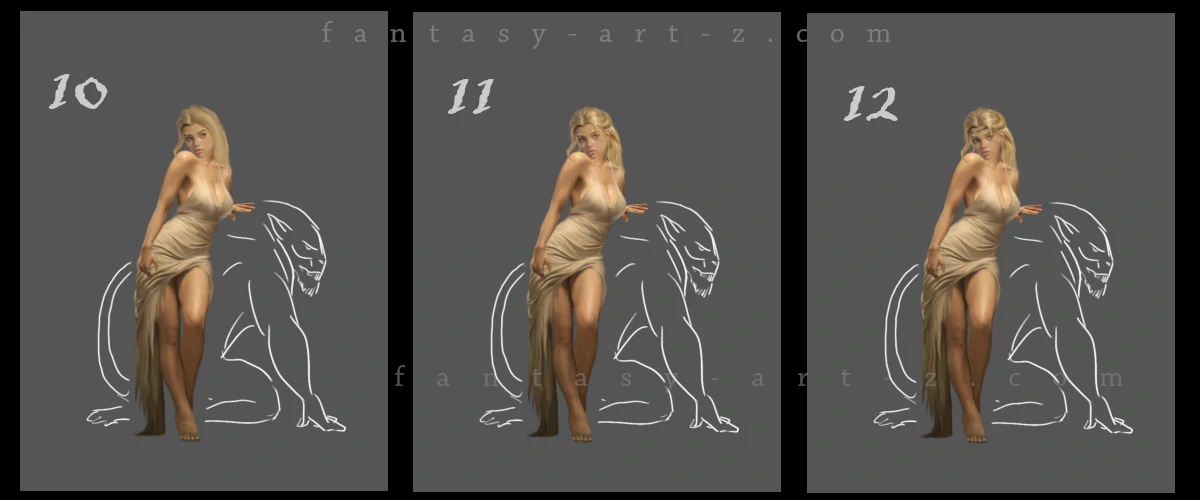 Fantasy painting tutorial steps 10-12 showing painting techniques for hair