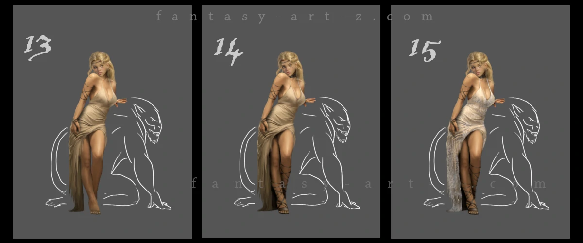 Fantasy art tutorial final steps 13-15 showing clothing texture, accessories and digital painting technique for adding shadows