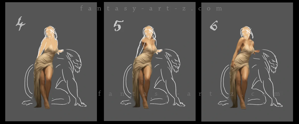 Fantasy painting tutorial steps 4-6 showing progressive skin tone development and shading on digital character