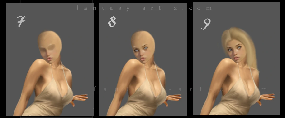 Fantasy art tutorial steps 7-9 showing facial feature painting, eye details, and hair development