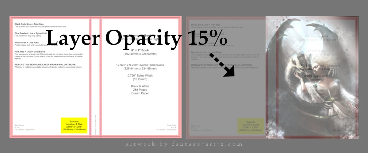 Side-by-side comparison showing a book cover template at full opacity on the left and the same template at 15% opacity on the right with artwork visible underneath