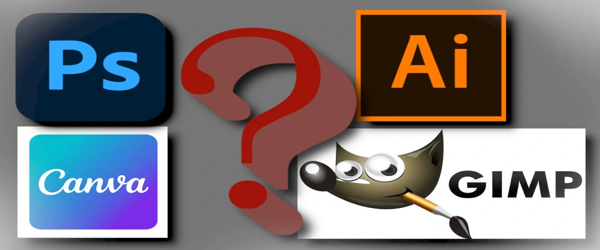 Logos of design software options including Adobe Photoshop, Adobe Illustrator, Canva, and GIMP with a question mark in the center