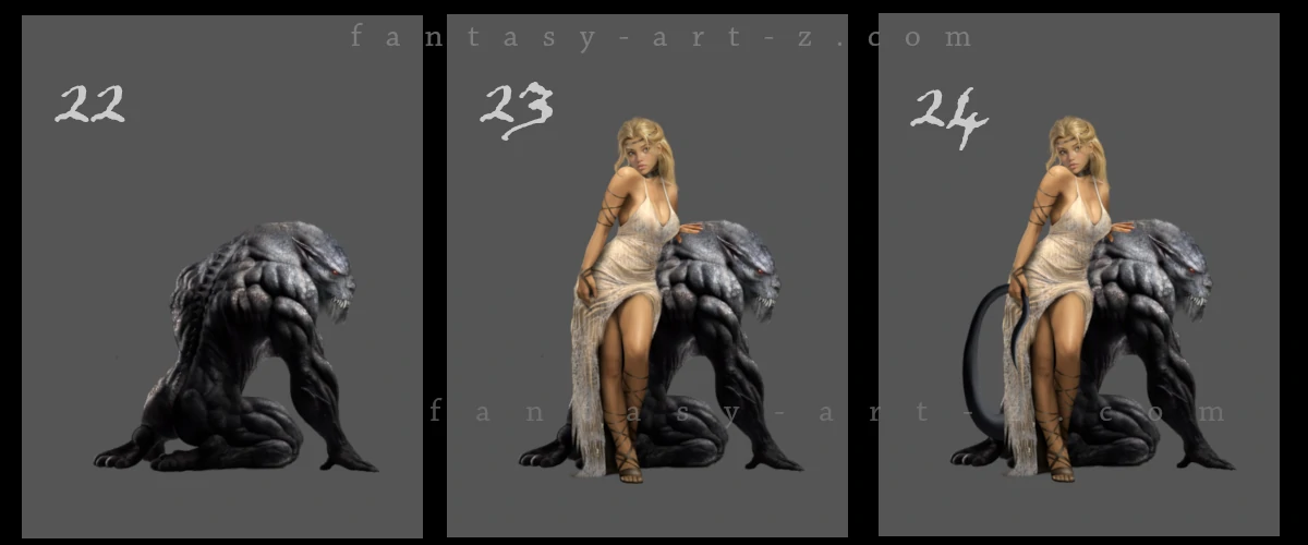 Fantasy art tutorial steps 22-24 showing how to combine character and creature together with proper composition and spatial relationship
