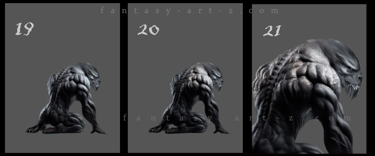 Digital painting tutorial steps 19-21 demonstrating how to paint creature skin texture, scales, and anatomical details on fantasy beast
