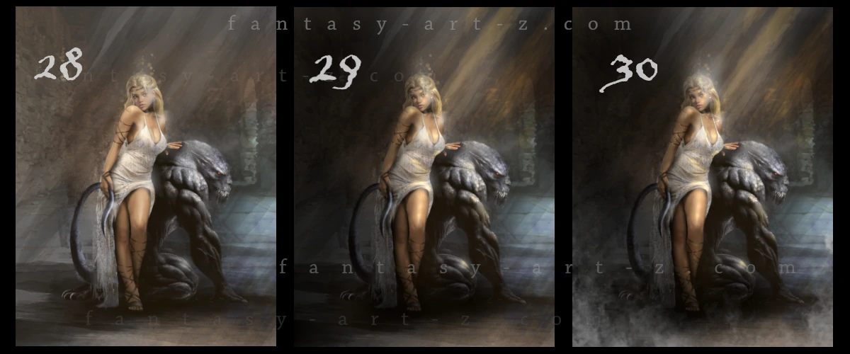 Lighting tutorial steps 28-30 showing how to add dramatic light rays, color grading, and atmospheric effects to fantasy painting