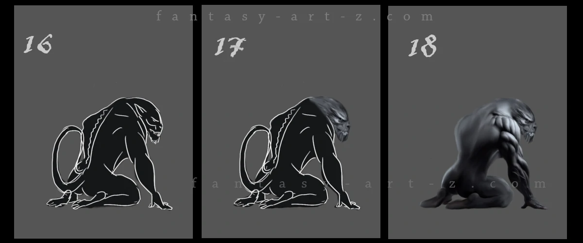 Fantasy creature painting tutorial steps 16-18 showing progression from line sketch to basic form to initial shading of dark beast companion