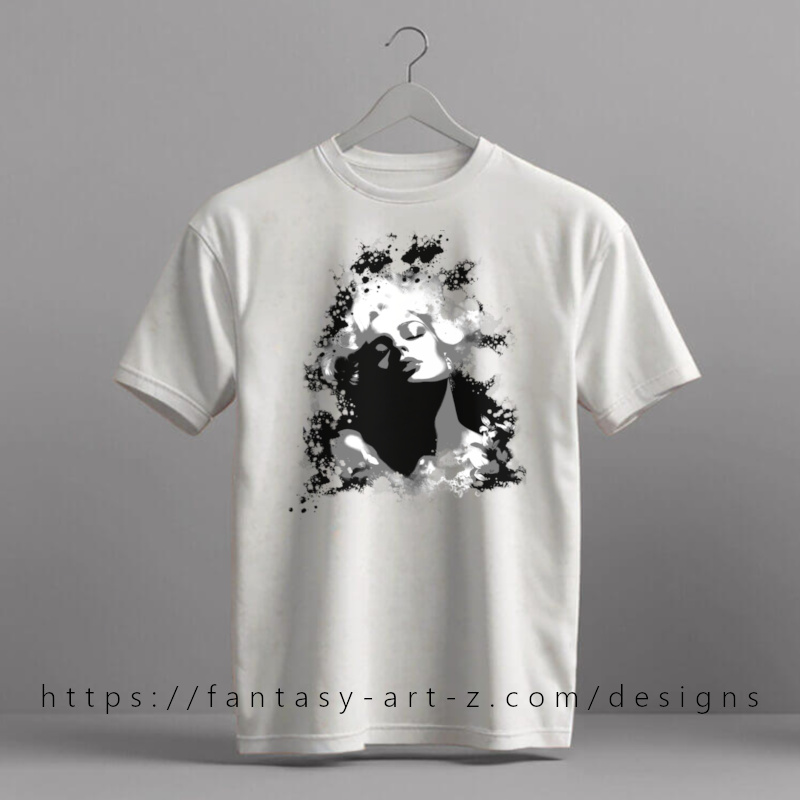 Black and white portrait of woman with hand to face in dramatic pose, surrounded by ink splatter effects - artistic monochrome t-shirt design