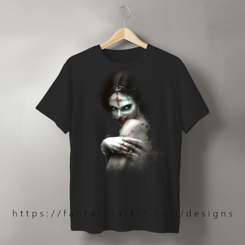 Gothic vampire t-shirt design featuring pale woman with fangs, red jeweled forehead ornament, and dark fantasy artwork
