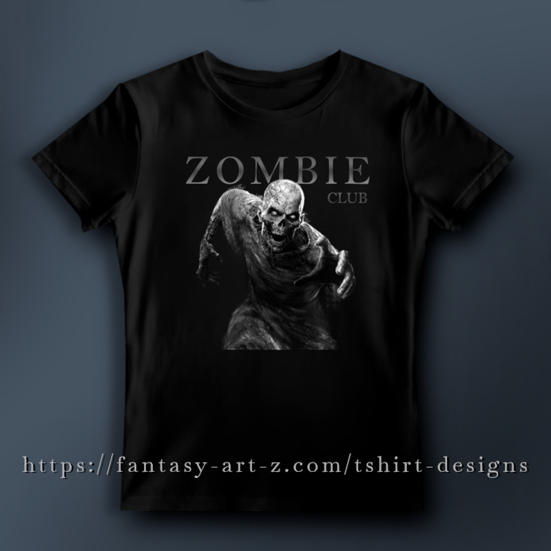 A high-contrast black and white illustration of a snarling zombie reaching forward with one hand. Above the zombie, the word ZOMBIE is written in a large, metallic-style serif font, with the word CLUB appearing smaller to the right. The background is transparent, focusing entirely on the detailed, grey-scale undead figure.