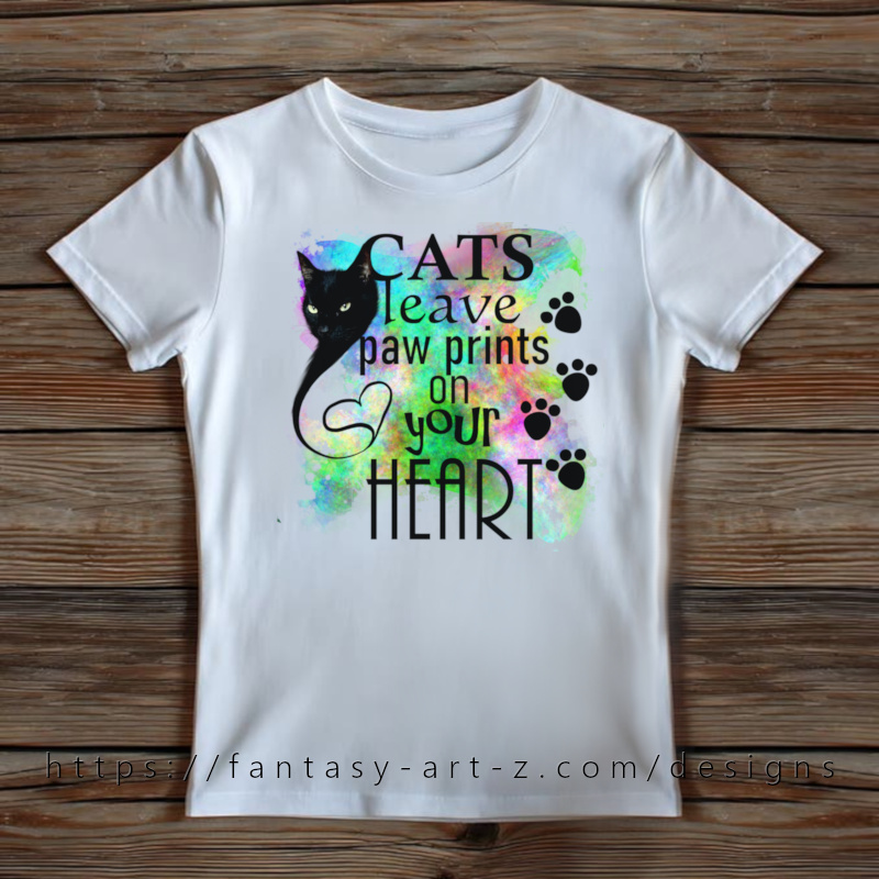 Cat lover t-shirt design with text 'Cats leave paw prints on your heart' featuring black cat silhouette and colorful watercolor background