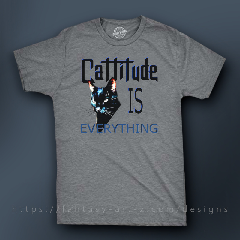 Cat t-shirt design with text 'Cattitude IS EVERYTHING' featuring black and white cat with blue eyes on gray background