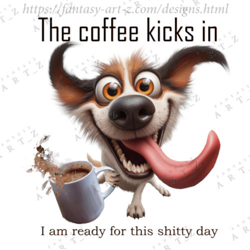 coffee, morning, dog, crazy, mug, pet, animal, good morning, quote, poster, t-shirt, love, funny, cartoon