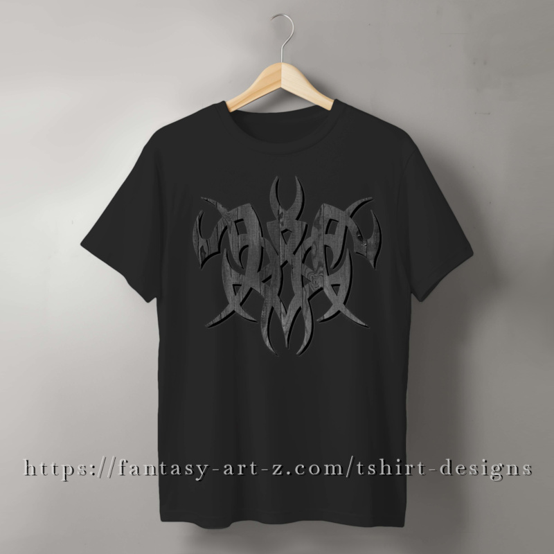 T-shirt design featuring a dark interlocking tribal sigil with horned crescent elements and a textured stone-like finish