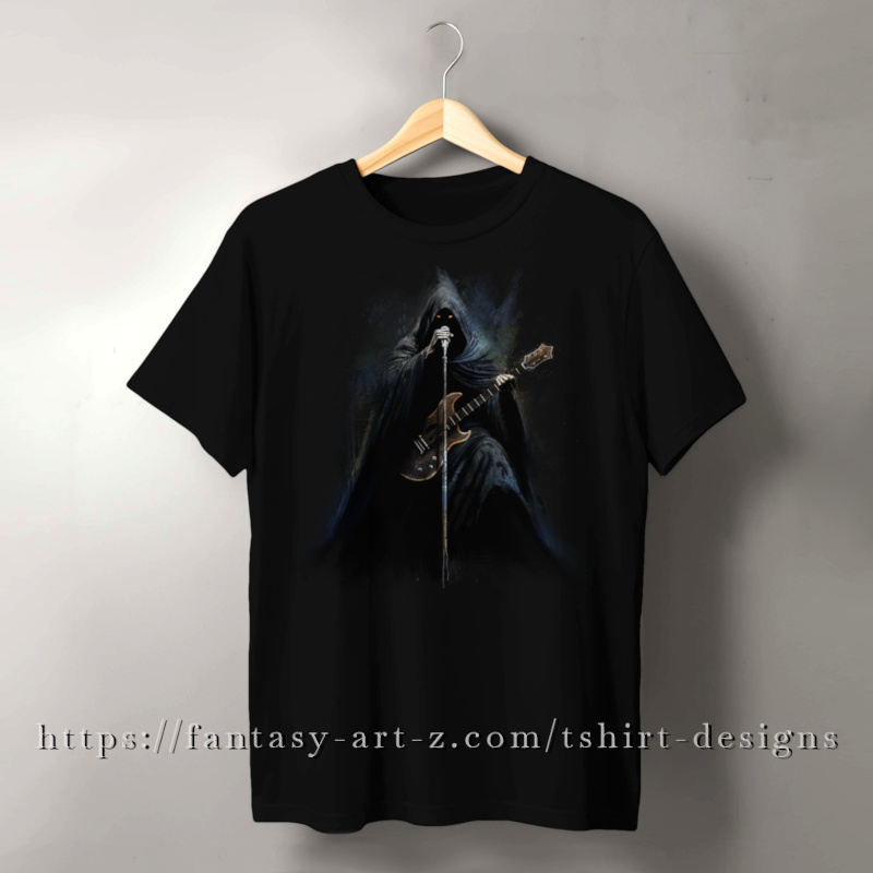 Dark fantasy tshirt design of a hooded Grim Reaper with glowing eyes playing electric guitar surrounded by swirling blue smoke on a black background