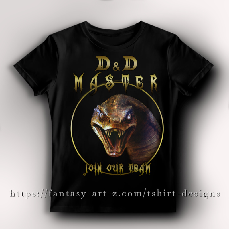 Front view of a black t-shirt featuring a hyper-realistic, fanged giant snake head inside a golden circle with text 'DnD MASTER' and 'JOIN OUR TEAM' in gold gothic font