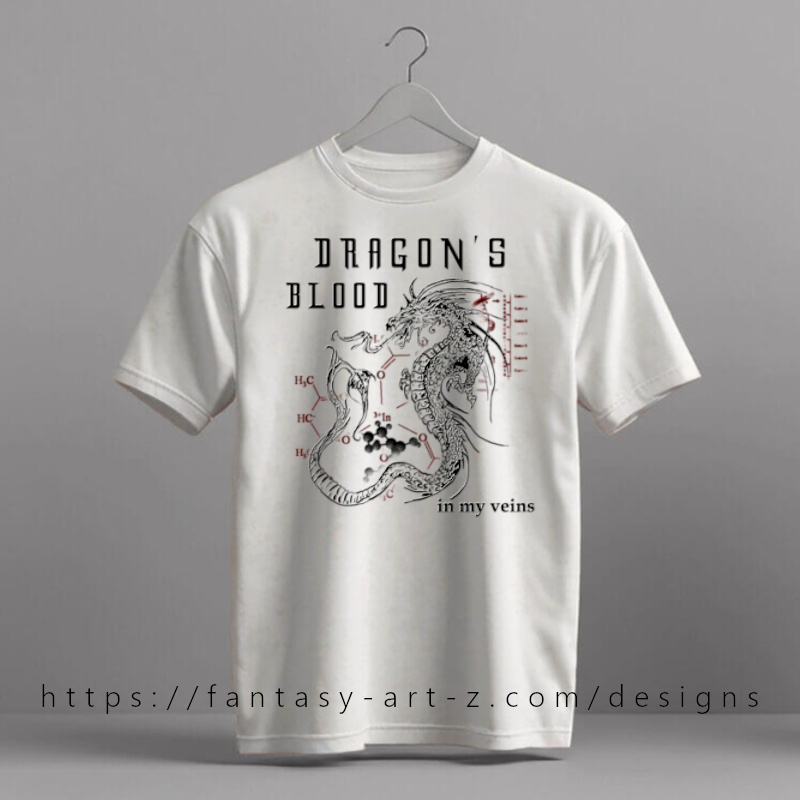 Dragon's Blood chemistry design with detailed dragon illustration and molecular structure diagram, text reads 'in my veins' - science geek t-shirt