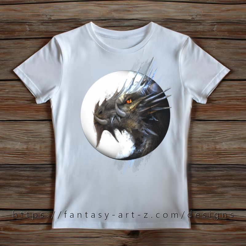 Fierce dragon head with glowing orange eyes and sharp spikes in circular yin-yang design with dark and light contrast - fantasy t-shirt design