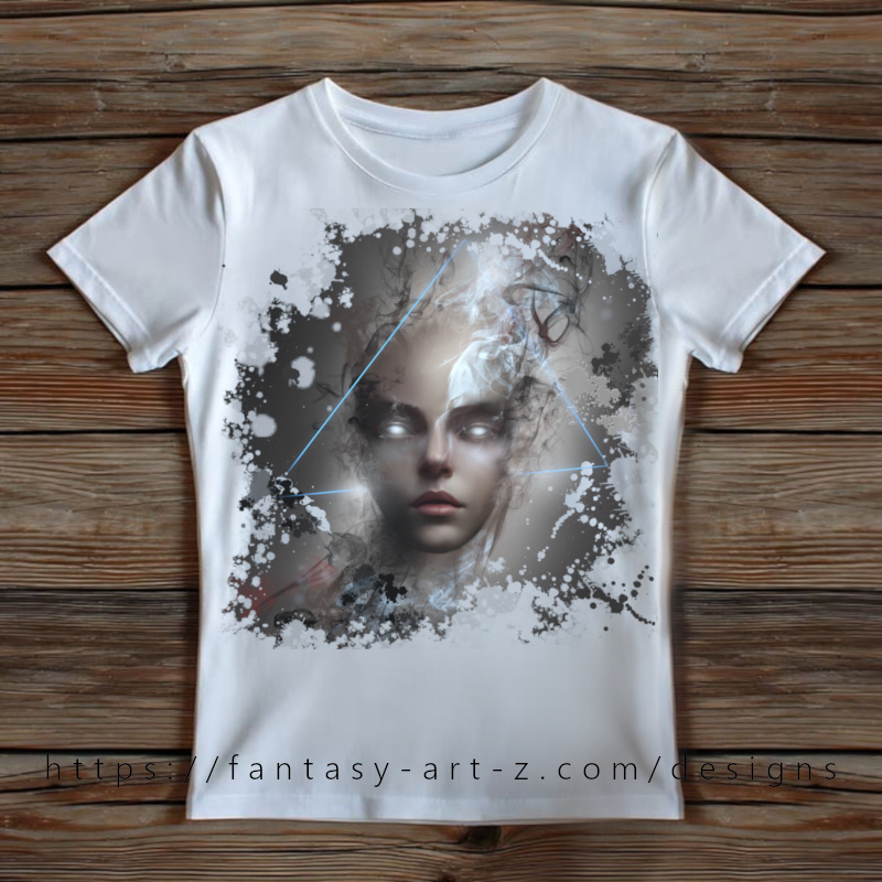Ethereal woman's face with glowing eyes framed by blue geometric triangle, surrounded by dark ink splatter effects - mystical fantasy t-shirt design