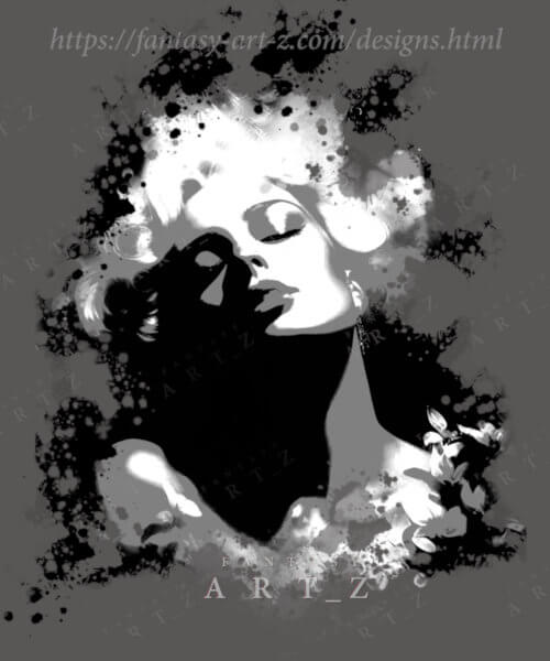 portrait of a beautiful woman, design for a t-shirt, black and white design