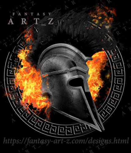 ancient greek spartan helmet on fire, design for a t-shirt, spartiates, athens, kasidiaris, greece