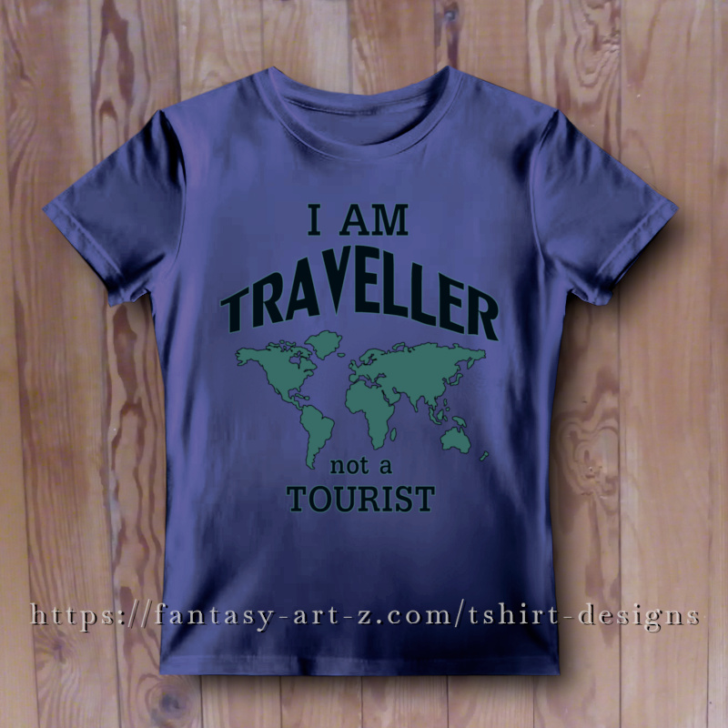 Minimalist t-shirt design featuring a green silhouette of a world map and the text I AM TRAVELLER not a TOURIST in a bold, dark block font.