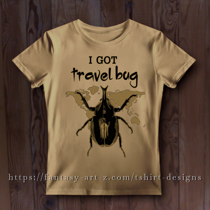 Creative t-shirt design featuring a large, detailed rhinoceros beetle silhouette layered over a world map with the handwritten-style text I GOT travel bug