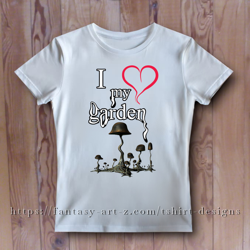Graphic t-shirt design featuring the text I Love My Garden with a red heart and a cluster of surreal, fantasy style, psychedelic mushrooms.