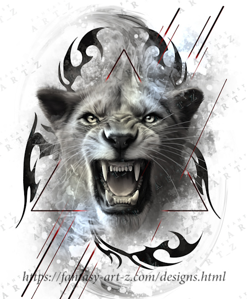 t-shirt design with a lion, tribal tattoo and smoke