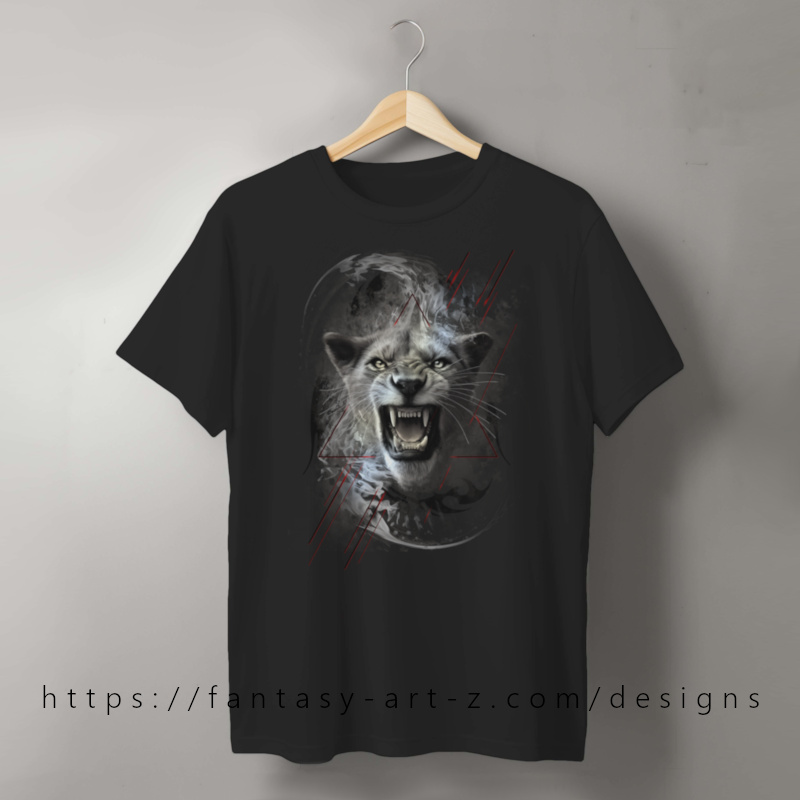 Fierce roaring lion head with bared fangs in watercolor style, framed by geometric triangles and tribal design elements - t-shirt design