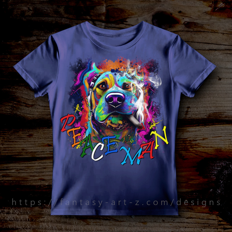 Vibrant rainbow-colored of smoking pitbull dog portrait in graffiti art style with colorful paint splashes and text 'Peace Man' - psychedelic dog art t-shirt design