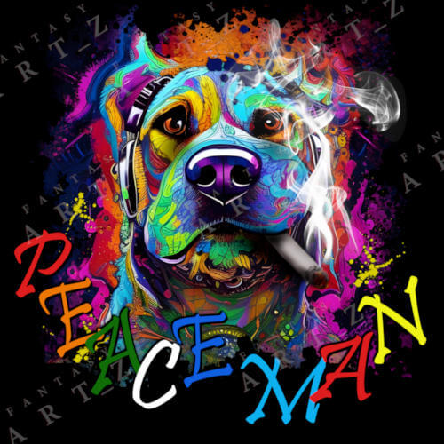 head of a smoking hippie dog in bright psychedelic colors