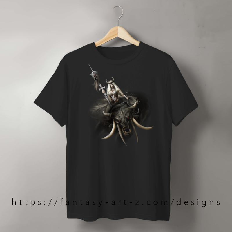 Fantasy Queen riding a monster beast in dark starry tunel holding a sword with a head on it