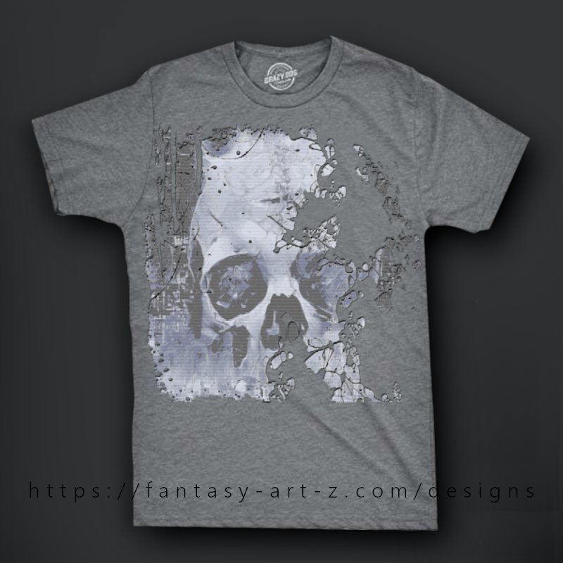 Grunge skull t-shirt design with paint splatter distressed gothic artwork black and white