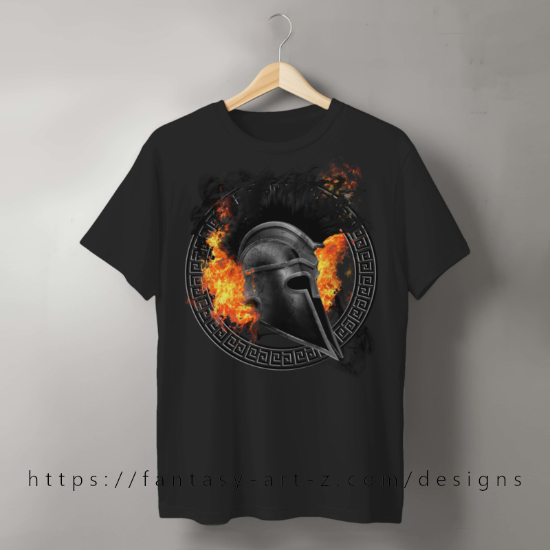 Ancient Greek Spartan helmet with dramatic fire effects surrounded by Greek key pattern border - warrior fantasy t-shirt design