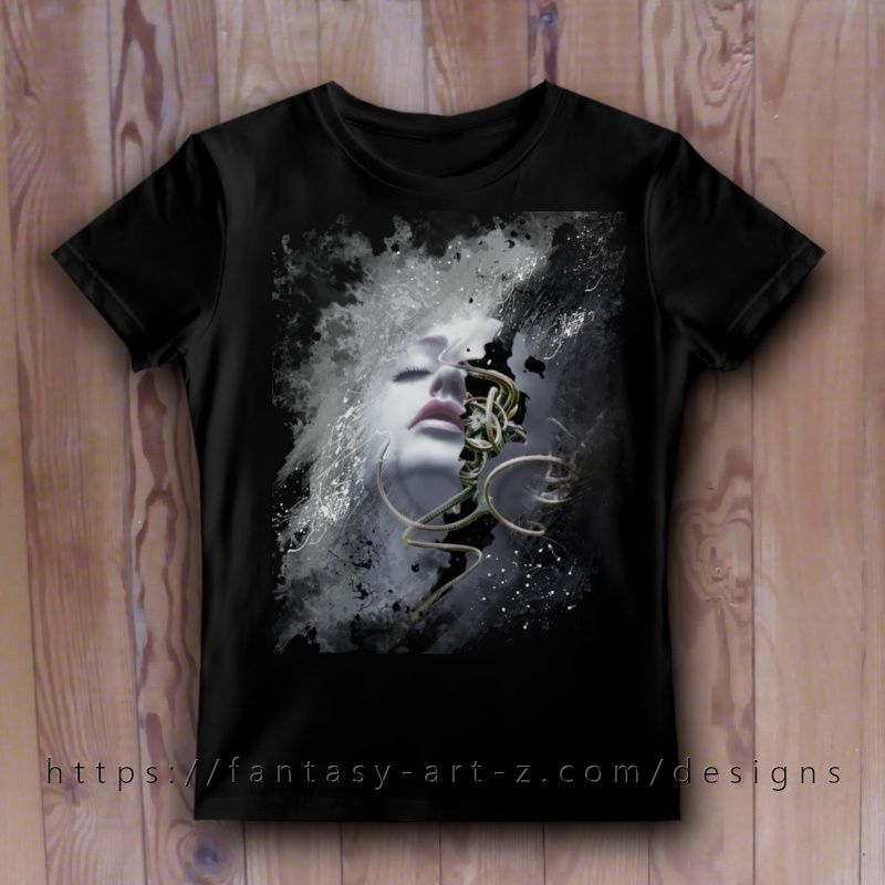 Artistic portrait of woman's face with green tentacles and dramatic black ink splash effects - abstract t-shirt design