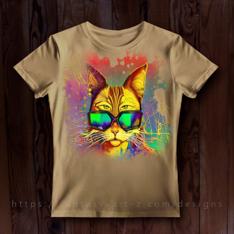 Artistic cat t-shirt design featuring orange tabby cat wearing rainbow sunglasses with colorful paint splash background