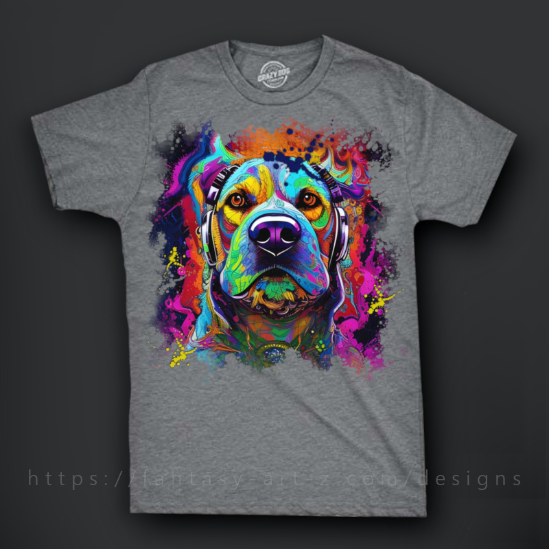 Vibrant rainbow-colored pit bull dog portrait in explosive graffiti art style with colorful paint splashes and ink effects - psychedelic dog art t-shirt design