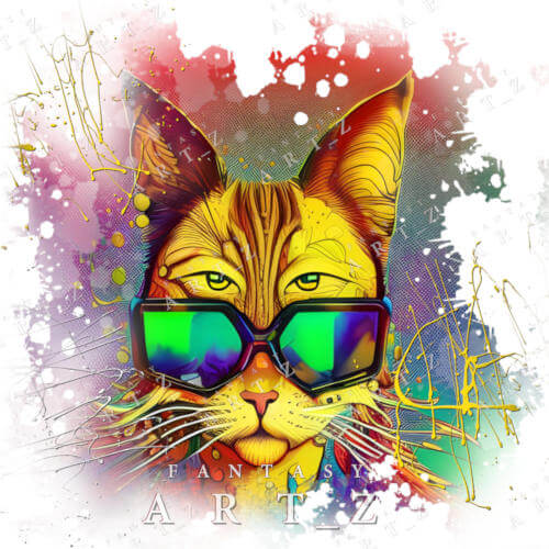 design for a t-shirt, trippy cat wearing sunglasses in psychedelic bright colors